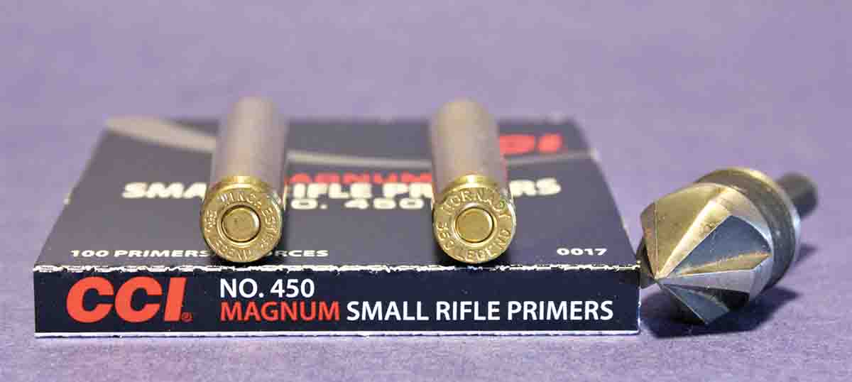 CCI 450 primers were used throughout the tests, and produced essentially identical results with both brands of brass. However, the primers in the Hornady factory load were crimped in, which required removing the sharp edge of the crimp with a 45-degree wood screw chamfer tool before pressing in 450s.